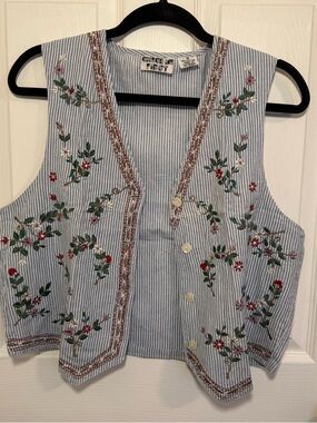 Vintage Embroidered Striped Cotton Vest with Floral Detail